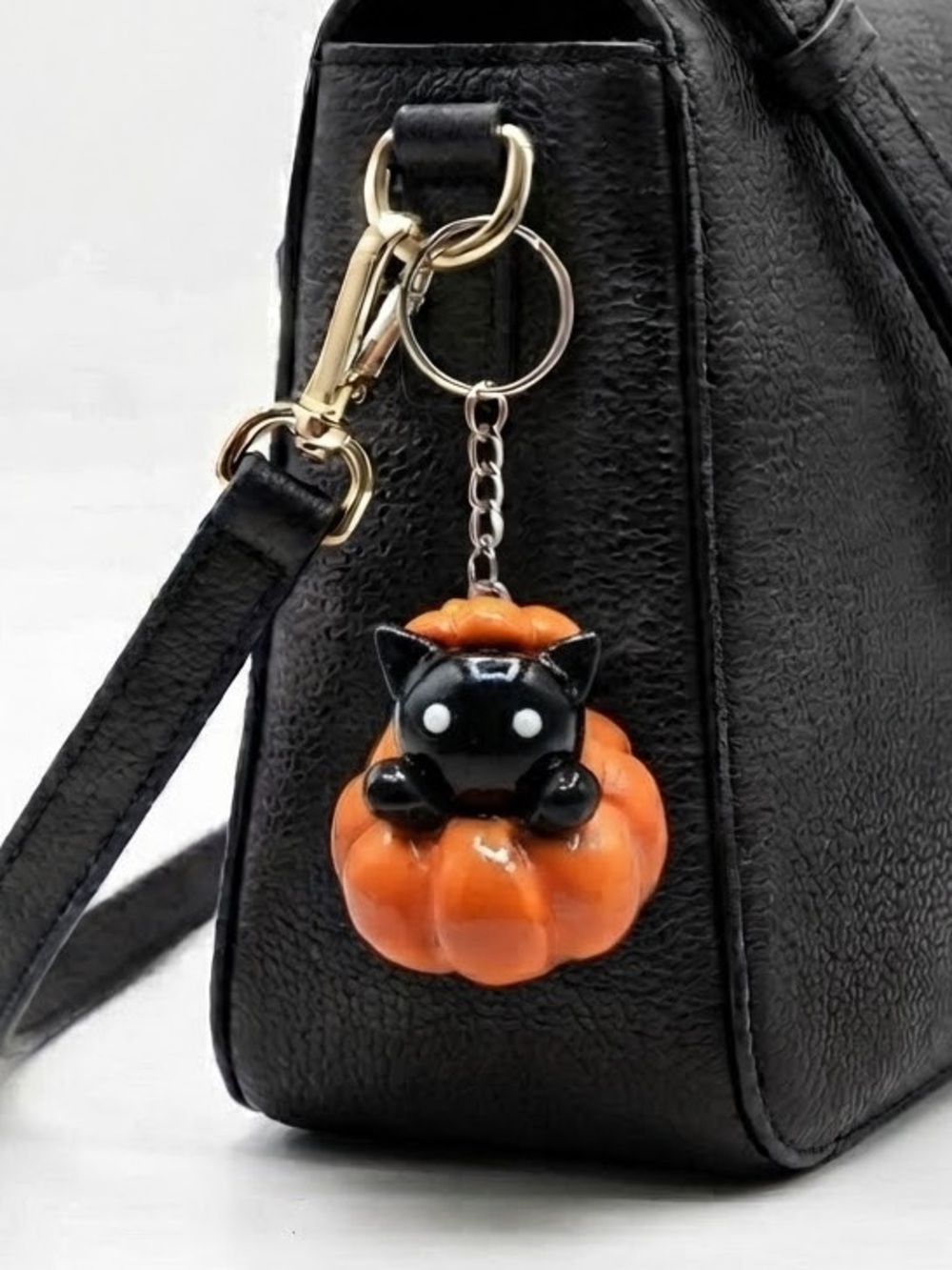 Cute Black Cat in Pumpkin Keychain - Orange & Black - Handmade